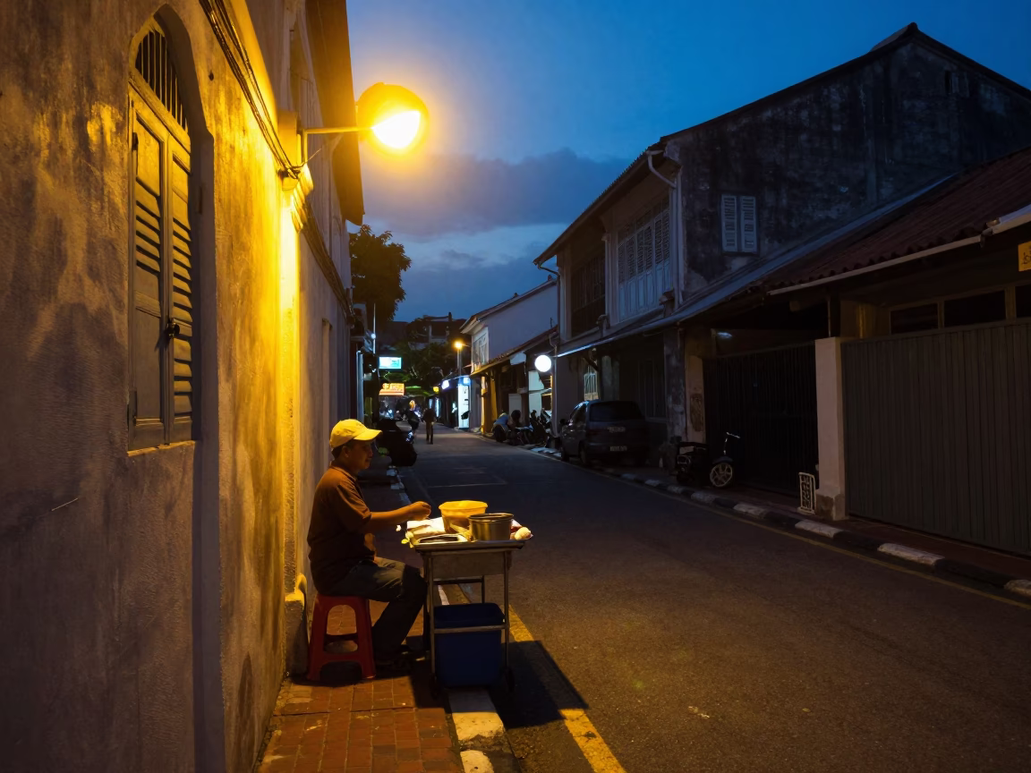 Street Vendor in George Town at The Predawn Darkness Light in in George Town, Malaysia