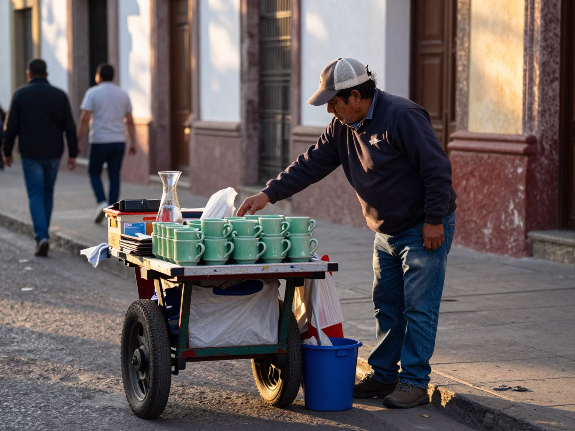 Street Vendor in Guadalajara at As First Light Reaches The Scene in in Guadalajara, Mexico