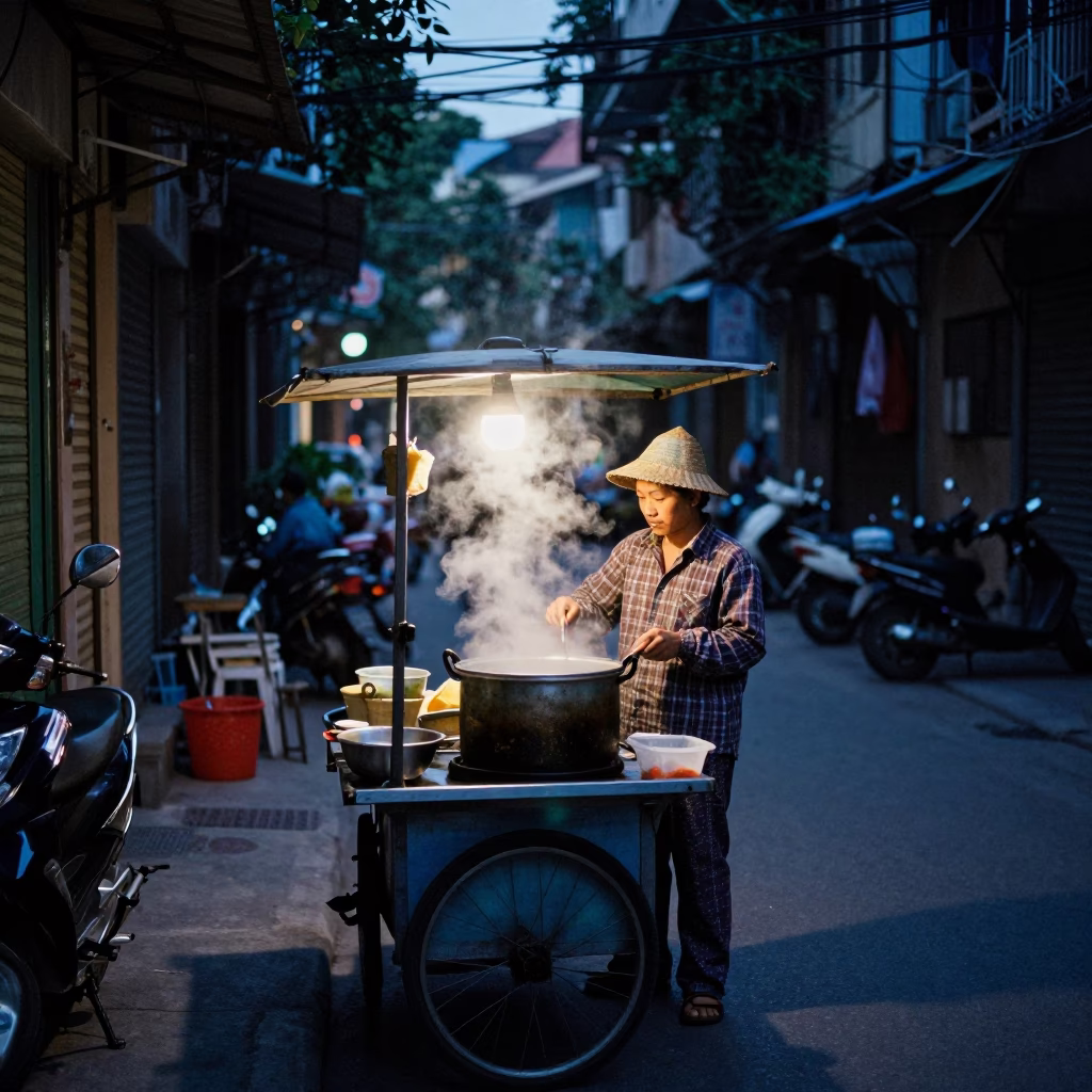 Street Vendor in Hanoi at The Predawn Darkness Light in in Hanoi, Vietnam