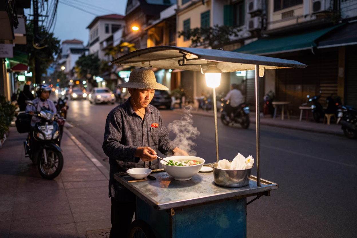 Street Vendor in Hanoi Vietnam Evening Glow with Pho Bowl and Chalk in in Hanoi, Vietnam