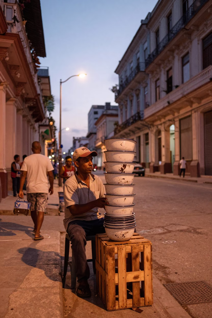 Street Vendor in Havana at Copper-toned Light Before Dusk in in Havana, Cuba