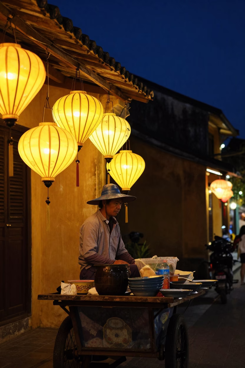 Street Vendor in Hoi An at The Deepest Night Sky Light in in Hoi An, Vietnam