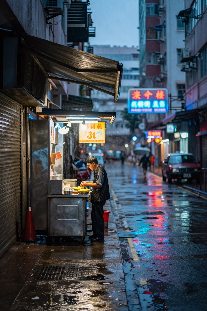 Street Vendor in Hong Kong at Dusk Light in in Hong Kong, Hong Kong