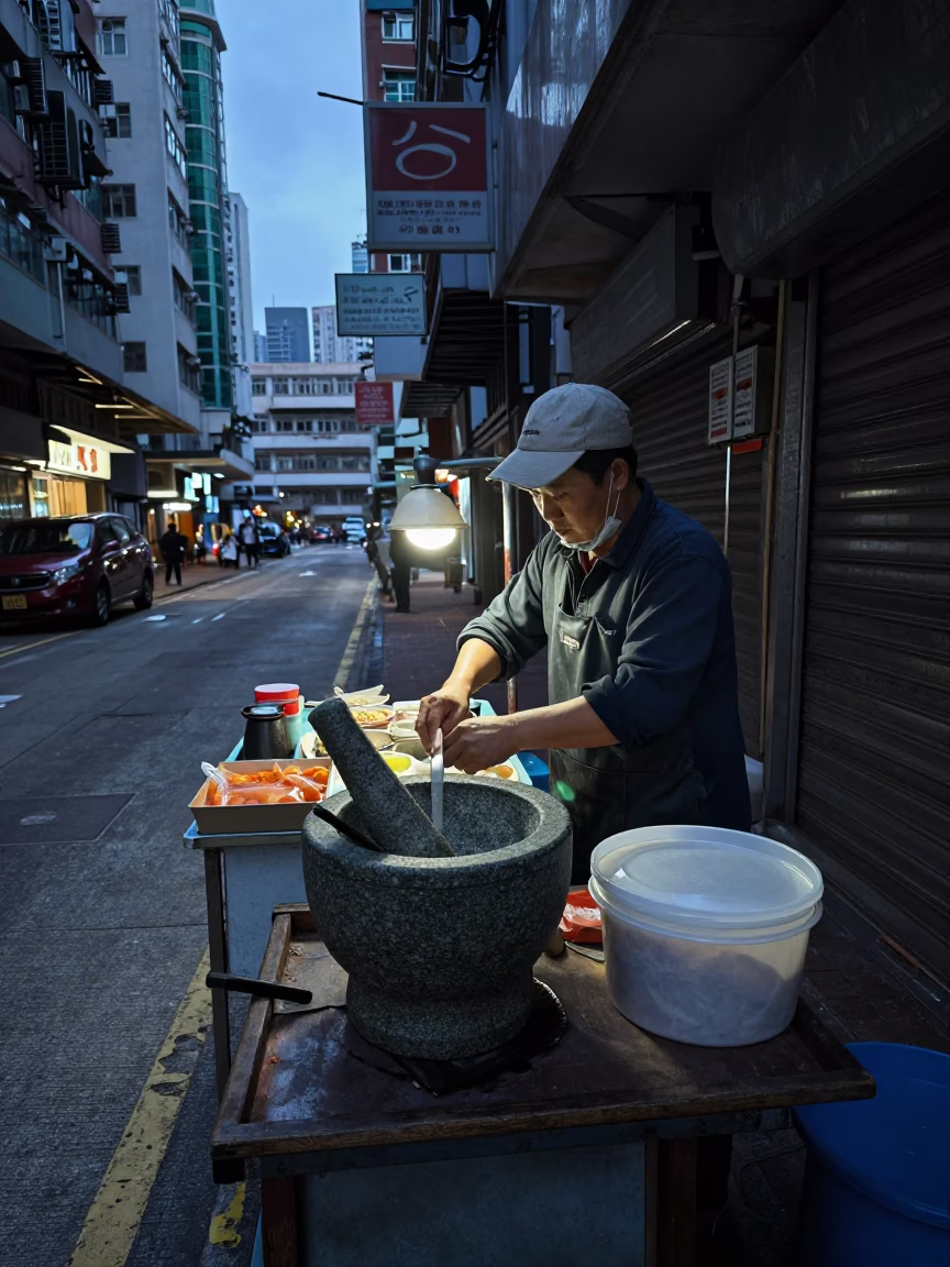 Street Vendor in Hong Kong at Sunrise Light in in Hong Kong, Hong Kong