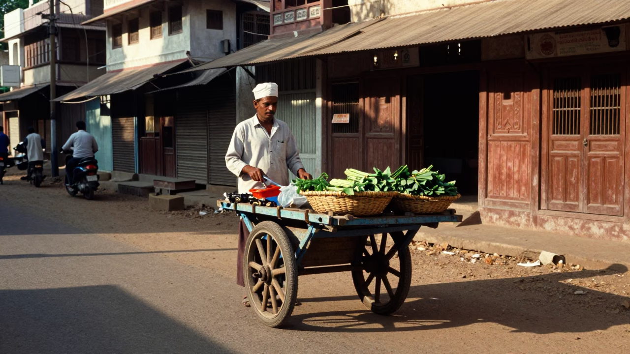 Street Vendor in Hyderabad at Clear Late-afternoon Light in in Hyderabad, India