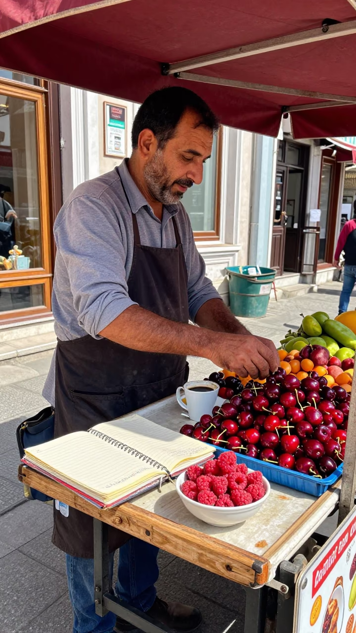 Street Vendor in Istanbul Turkey Midday with Notebook and Coffee Cherry Branch in in Istanbul, Turkey
