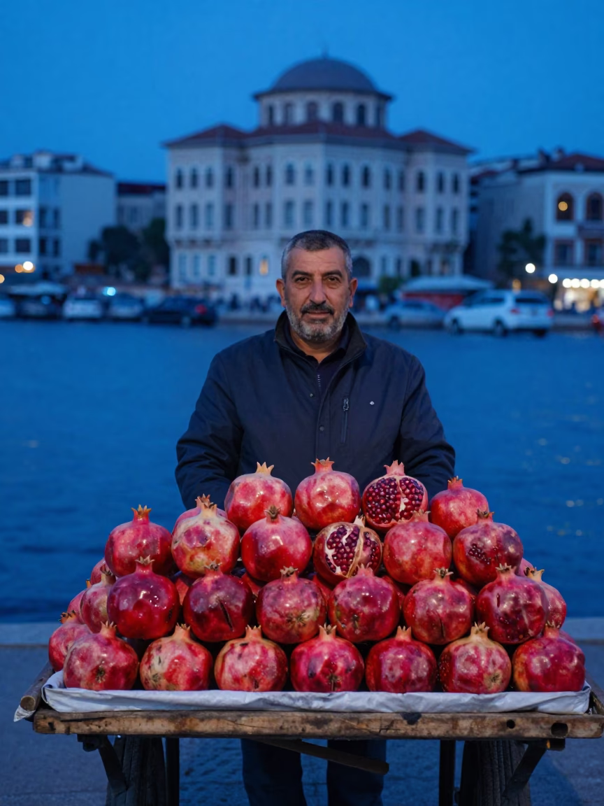 Street Vendor in Izmir Turkey Selling Fresh Pomegranates Under Evening Blue Light in in Izmir, Turkey