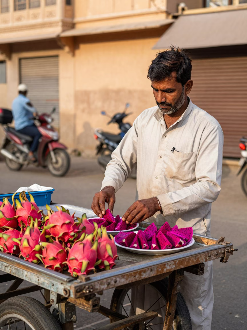 Street Vendor in Jaipur India Early Afternoon with Dragon Fruit and Olive Wood Spoon in in Jaipur, India