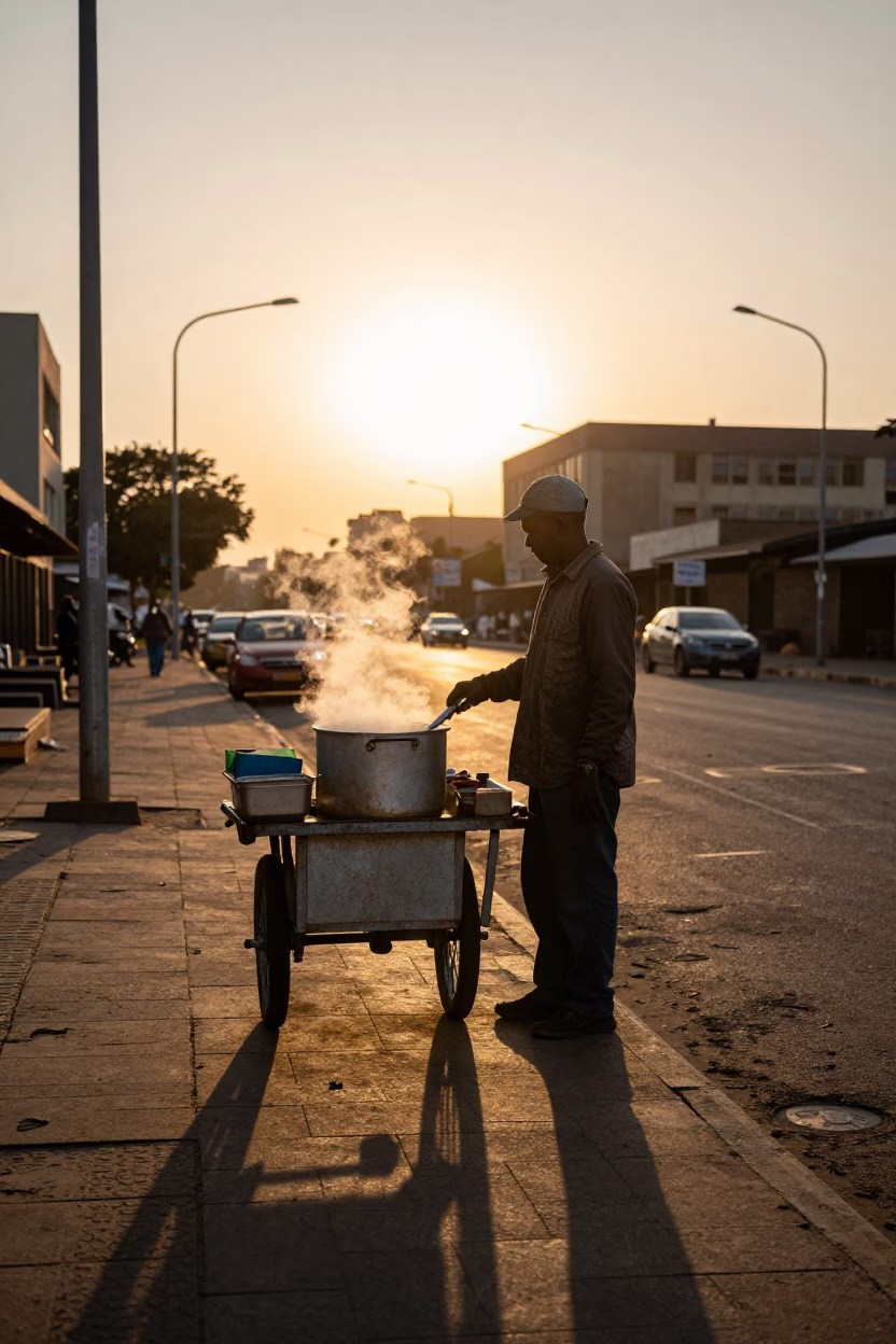 Street Vendor in Johannesburg at As The Sun Drops Toward The Horizon in in Johannesburg, South Africa