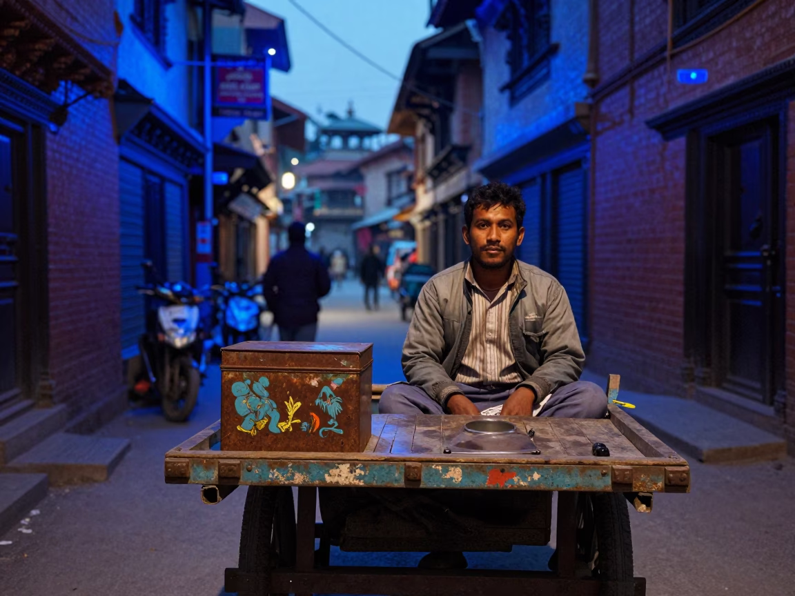 Street Vendor in Kathmandu at The Last Blue Light Of Evening in in Kathmandu, Nepal