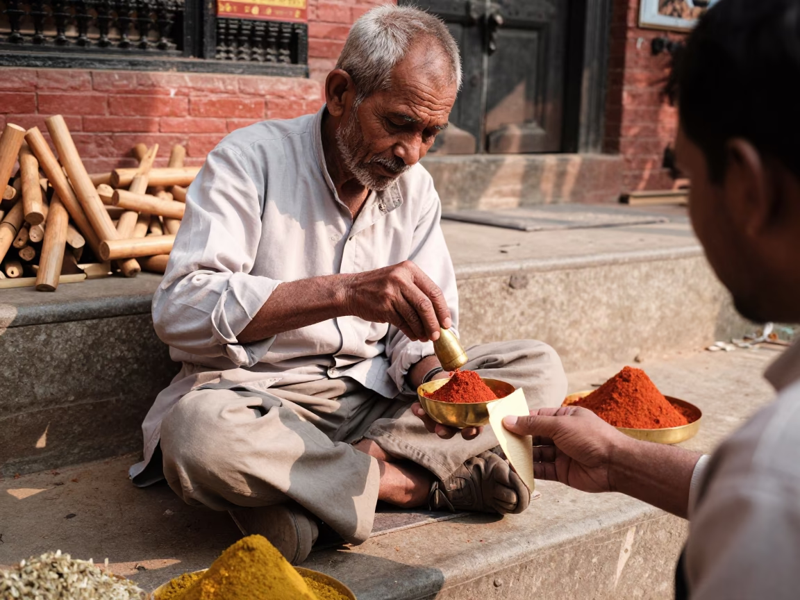 Street Vendor in Kathmandu Nepal Early Afternoon Serving Spices and Wooden Utensils in in Kathmandu, Nepal
