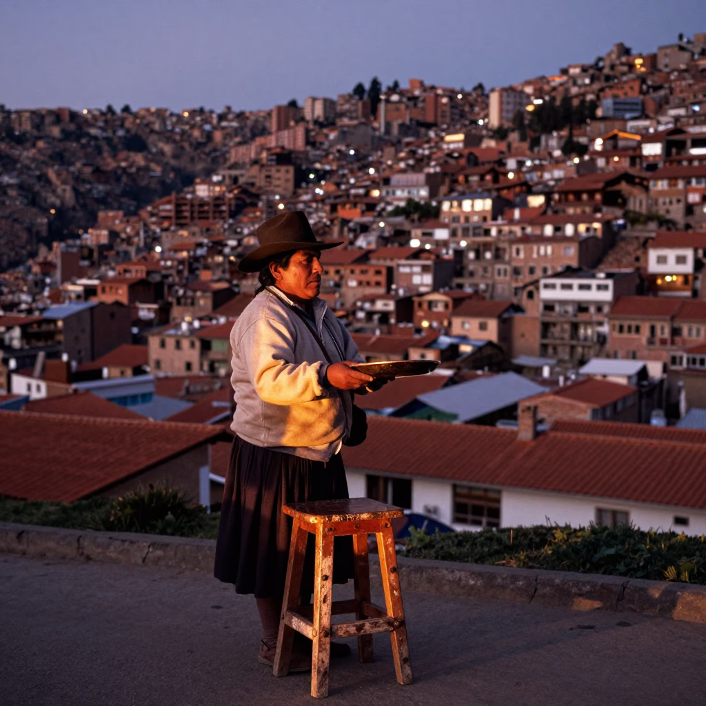 Street Vendor in La Paz at Copper-toned Light Before Dusk in in La Paz, Bolivia