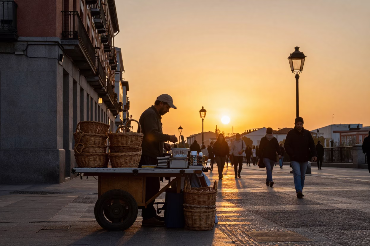 Street Vendor in Madrid at As The Sun Drops Toward The Horizon in in Madrid, Spain