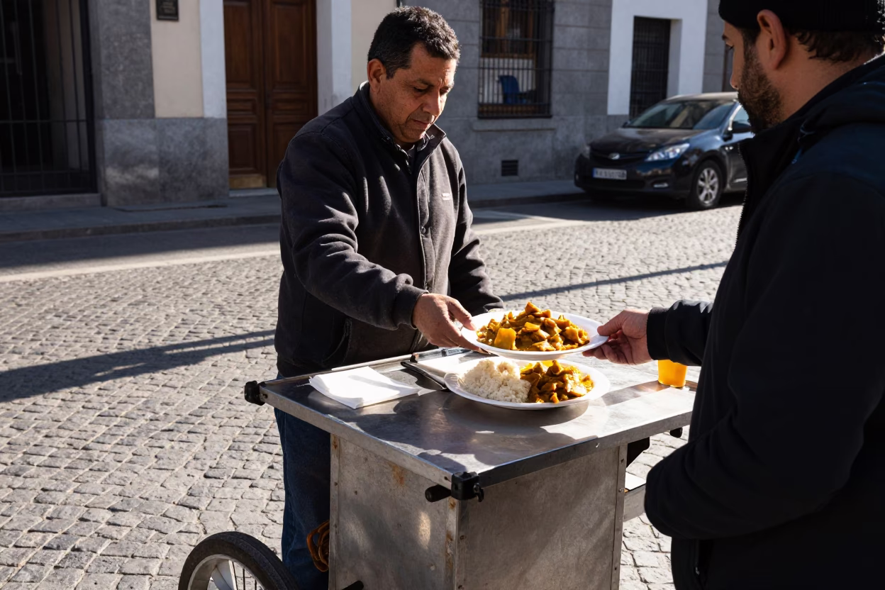 Street Vendor in Madrid Serving Bunny Chow Curry During Early Afternoon in in Madrid, Spain