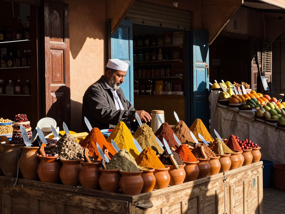 Street Vendor in Marrakech Souk Selling Spices and Fruit Knives Under Sunlight in in Marrakech, Morocco