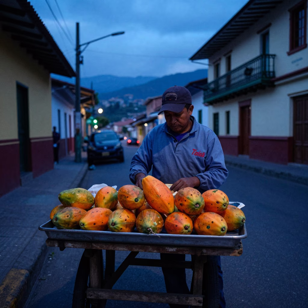 Street Vendor in Medellin at The Still Hours Before Dawn Light in in Medellin, Colombia