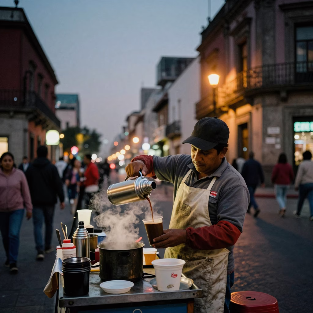 Street Vendor in Mexico City at As City Lights Begin To Glow in in Mexico City, Mexico