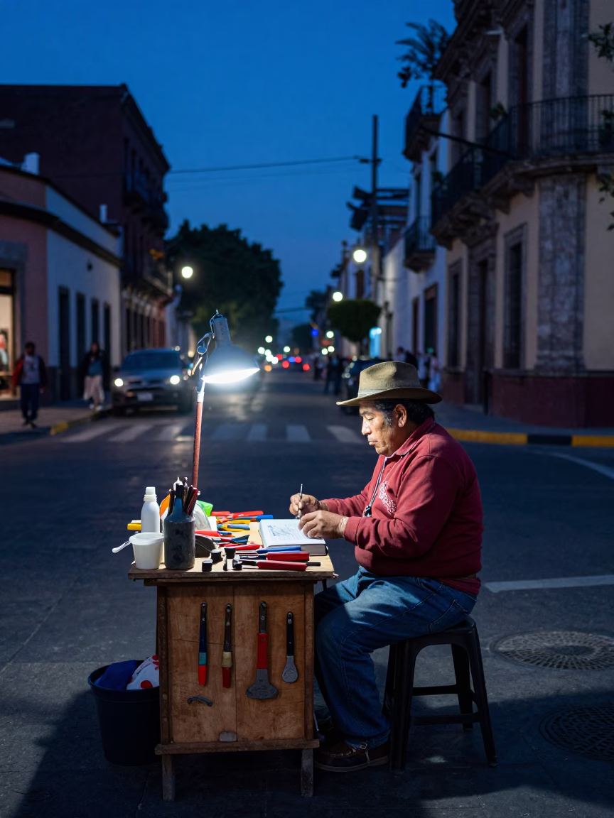 Street Vendor in Mexico City at The Last Blue Light Of Evening in in Mexico City, Mexico
