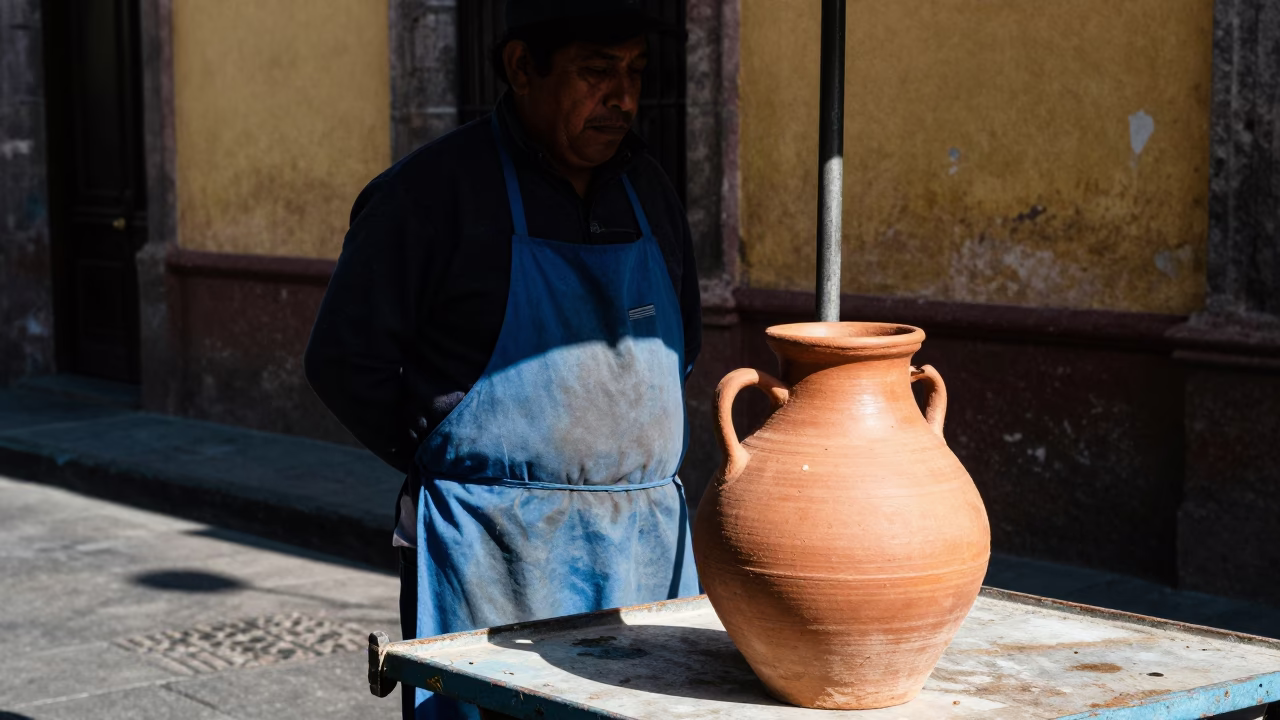 Street Vendor in Mexico City Noon Light with Clay Pot and Apron in in Mexico City, Mexico