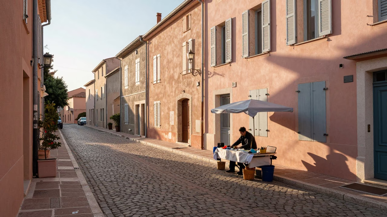 Street Vendor in Nice at As First Light Reaches The Scene in in Nice, France