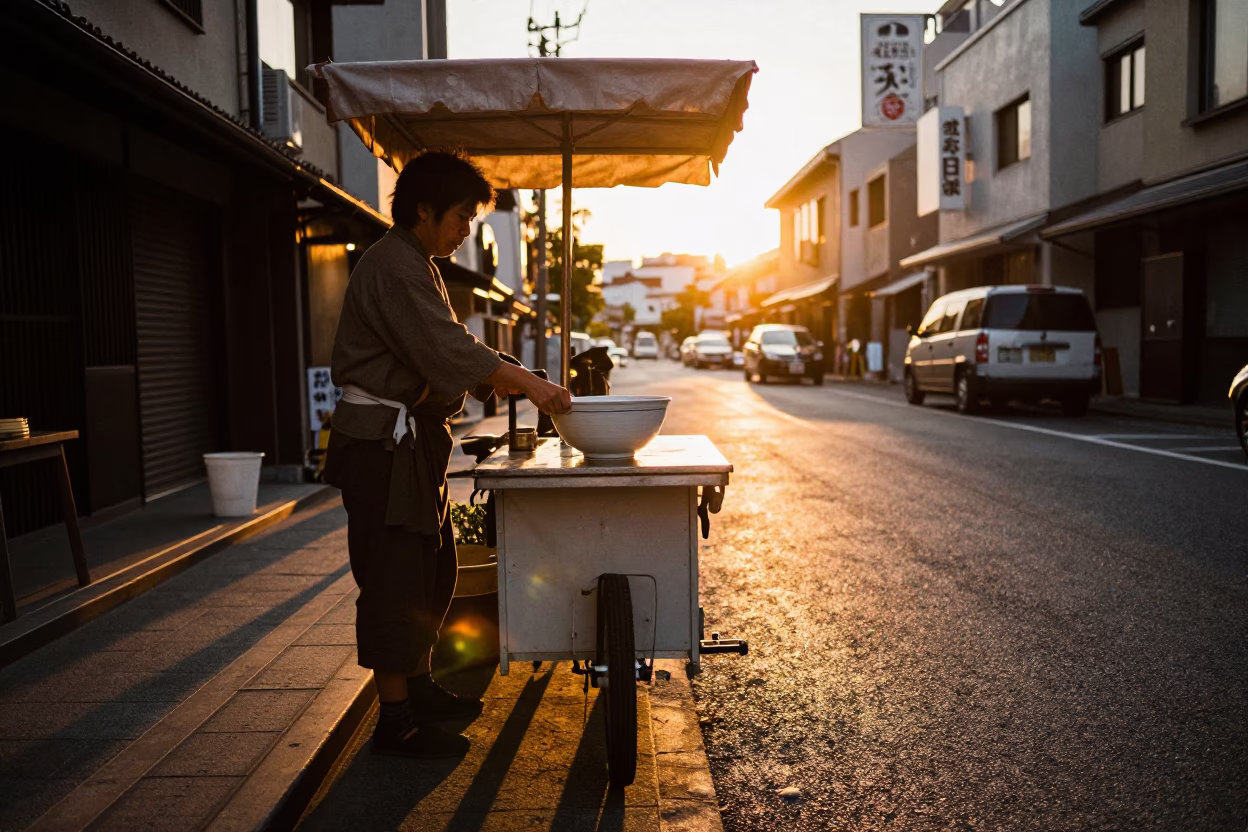 Street Vendor in Osaka at Golden Hour in in Osaka, Japan