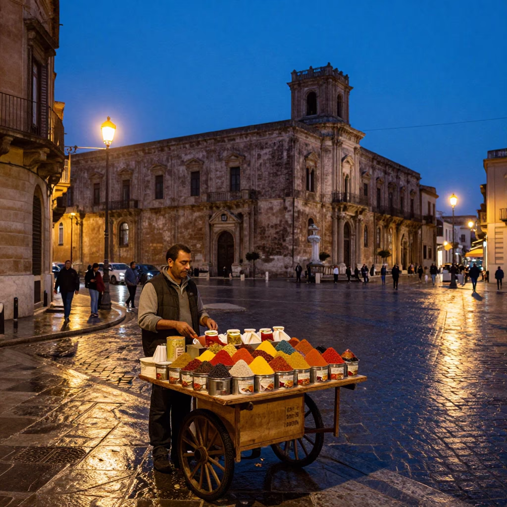 Street Vendor in Palermo at Indigo Twilight After Sunset in in Palermo, Italy