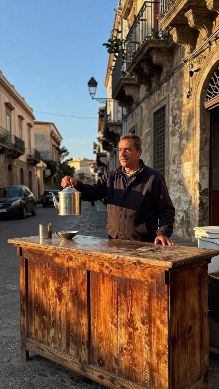 Street Vendor in Palermo Italy Late Afternoon Light with Wooden Counter and Tea Canister in in Palermo, Italy