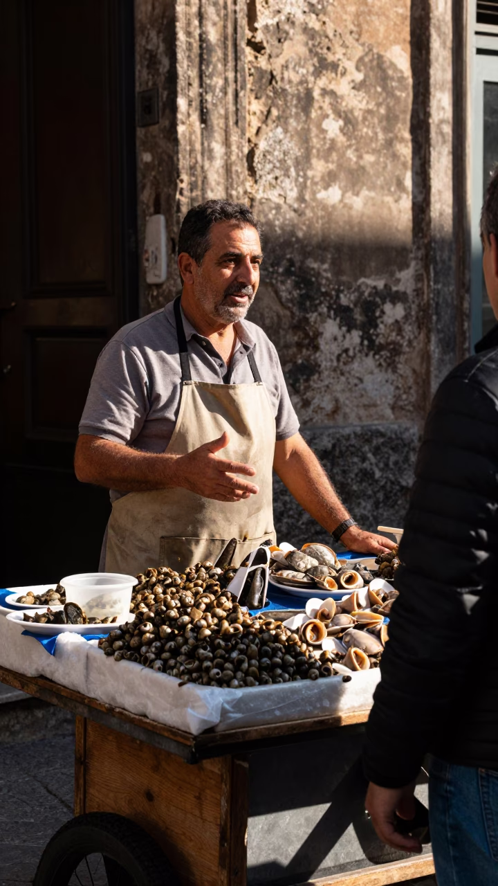 Street Vendor in Palermo Italy Selling Fresh Seafood and Snails in Early Afternoon Light in in Palermo, Italy