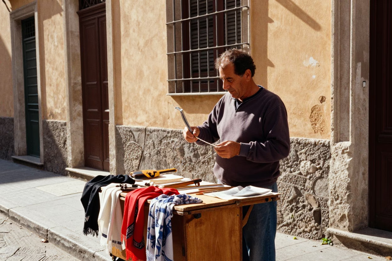 Street Vendor in Palermo Italy Selling Mandolin Strings and Scarves in Late Morning Sunlight in in Palermo, Italy