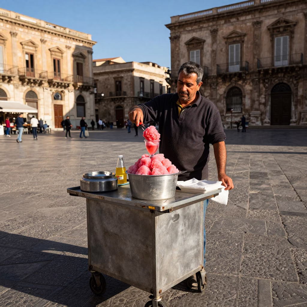 Street Vendor in Palermo Italy Selling Sicilian Granita with Garden Shears Nearby in in Palermo, Italy