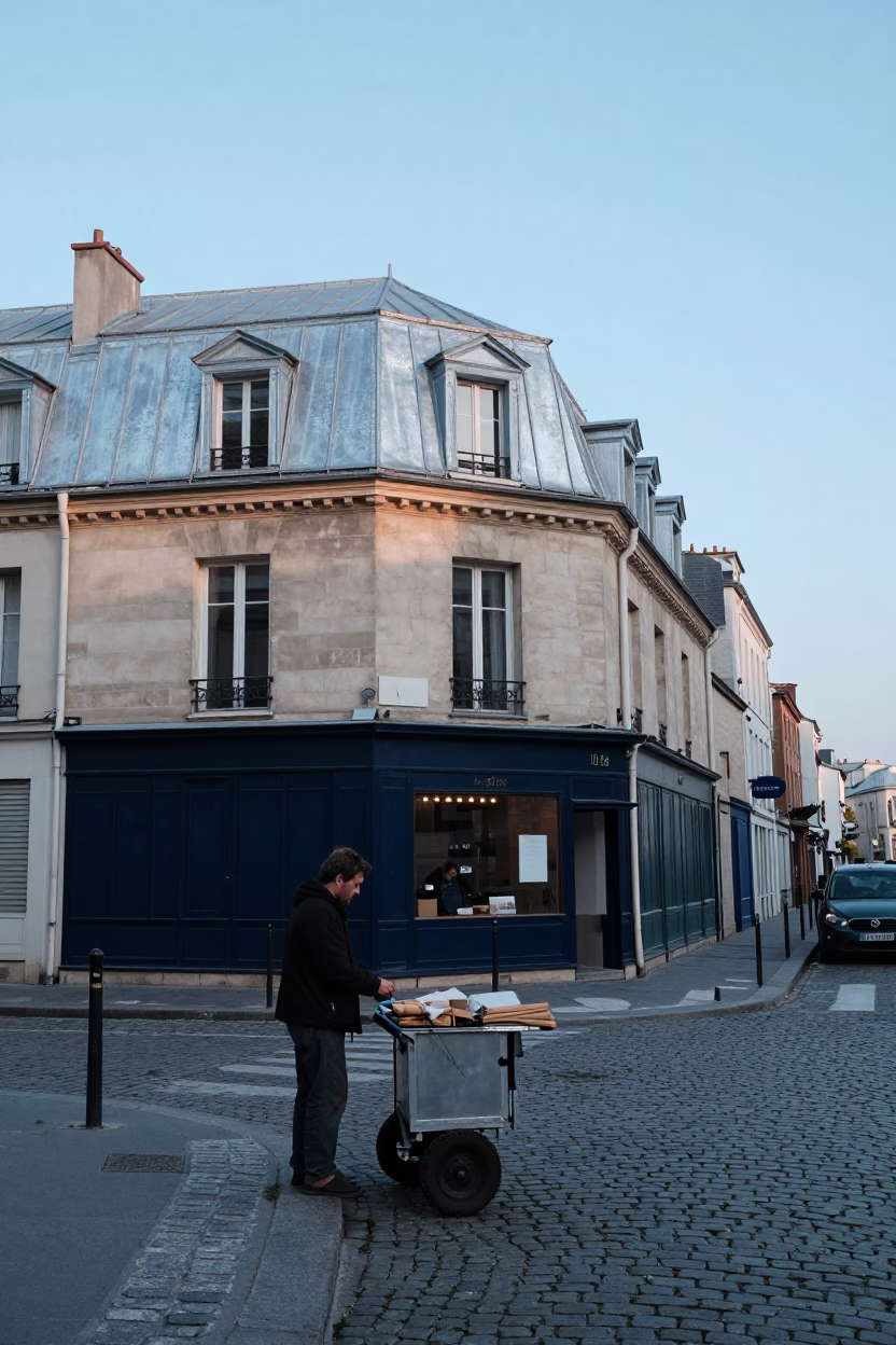 Street Vendor in Paris at First Light Of Dawn in in Paris, France