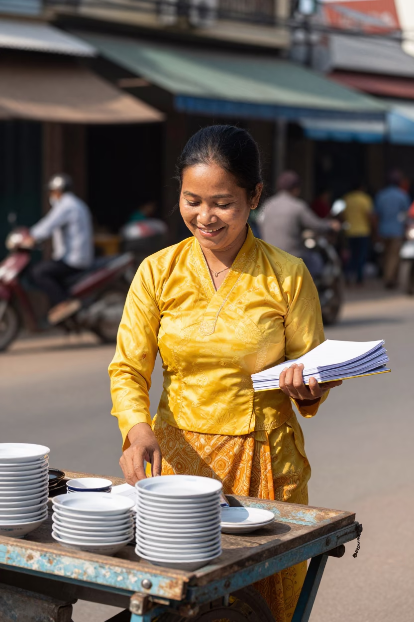 Street Vendor in Phnom Penh at Bright Midmorning Light in in Phnom Penh, Cambodia