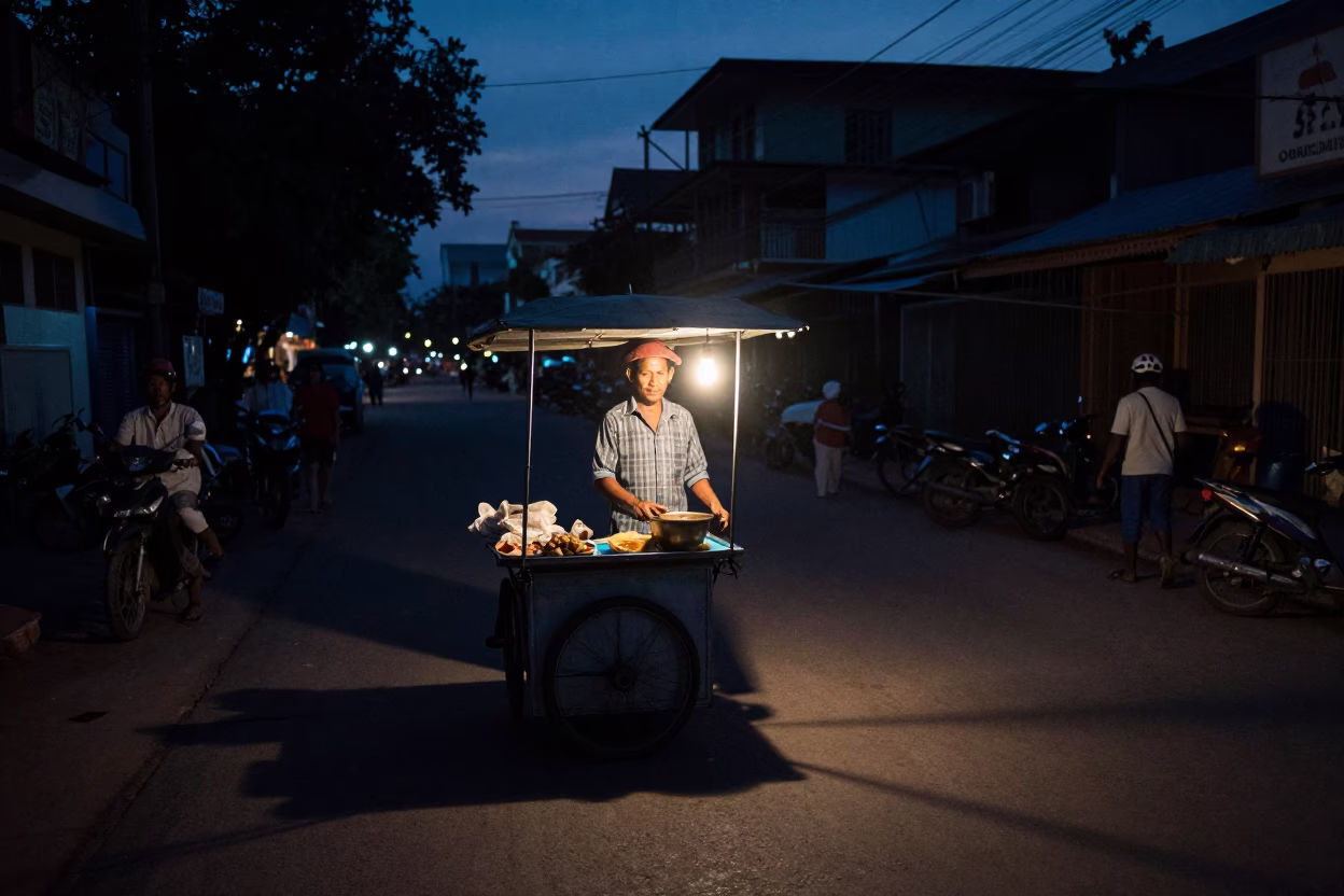 Street Vendor in Phnom Penh at The Predawn Darkness Light in in Phnom Penh, Cambodia