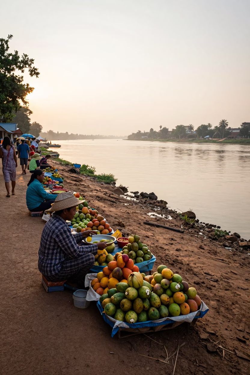 Street Vendor in Phnom Penh Cambodia Serving Fresh Fruit Bowl at Dawn in in Phnom Penh, Cambodia