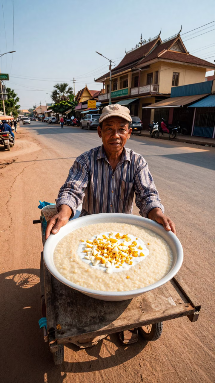 Street Vendor in Phnom Penh Selling Corn Porridge and Cheese Under Late Afternoon Sun in in Phnom Penh, Cambodia