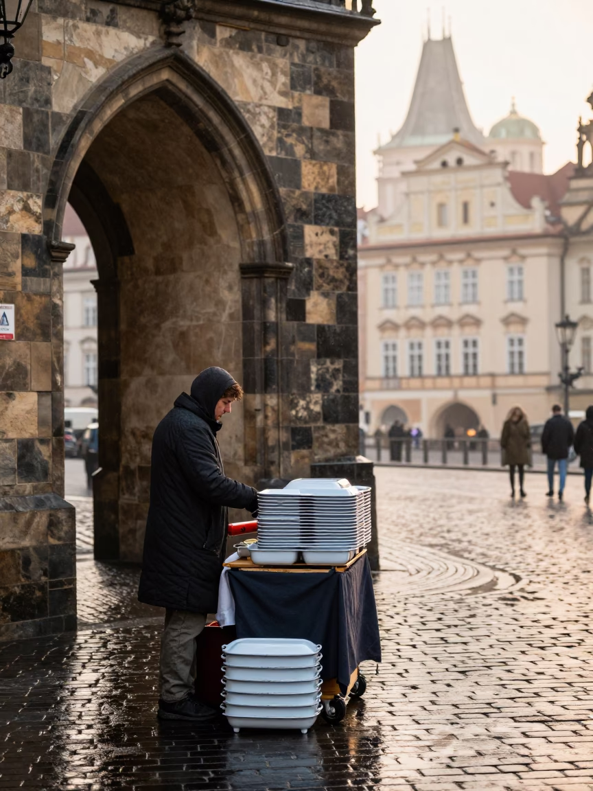 Street Vendor in Prague at First Light in in Prague, Czech Republic
