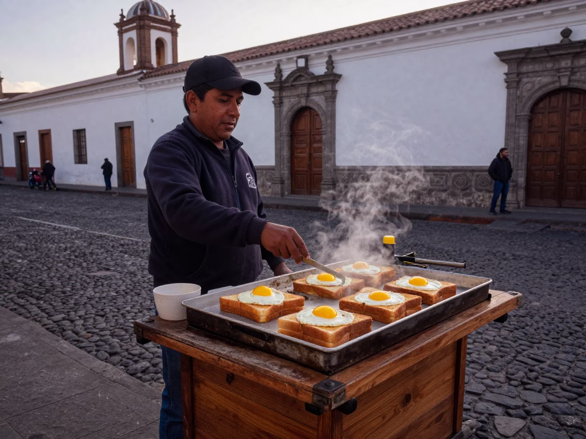 Street Vendor in Quito Ecuador Serving Kaya Toast and Soft Boiled Eggs at Sunset in in Quito, Ecuador
