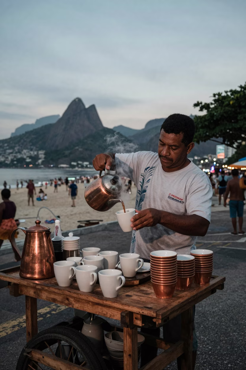 Street Vendor in Rio de Brazil Serving Ceramic Mugs Under Copper Dusk Light in in Rio de Janeiro, Brazil