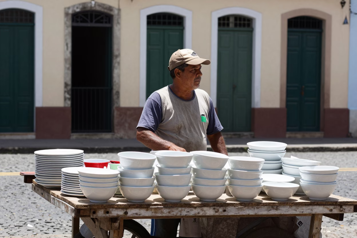 Street Vendor in Salvador at The Flat Glare Of Noon Light in in Salvador, Brazil