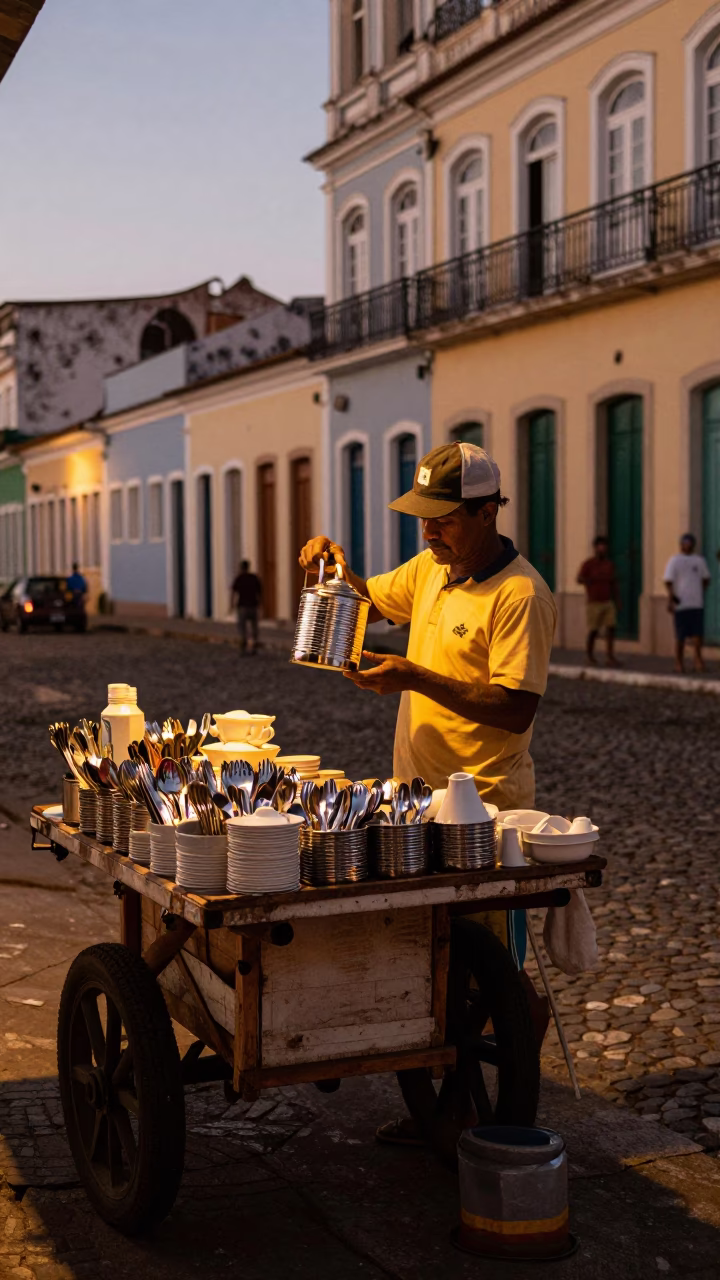Street Vendor in Salvador Brazil Evening Light Sells Cutlery and Tea Canister in in Salvador, Brazil
