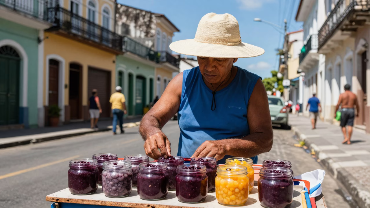 Street Vendor in Salvador Brazil Midday Sun with Sun Hat and Glass Jar in in Salvador, Brazil