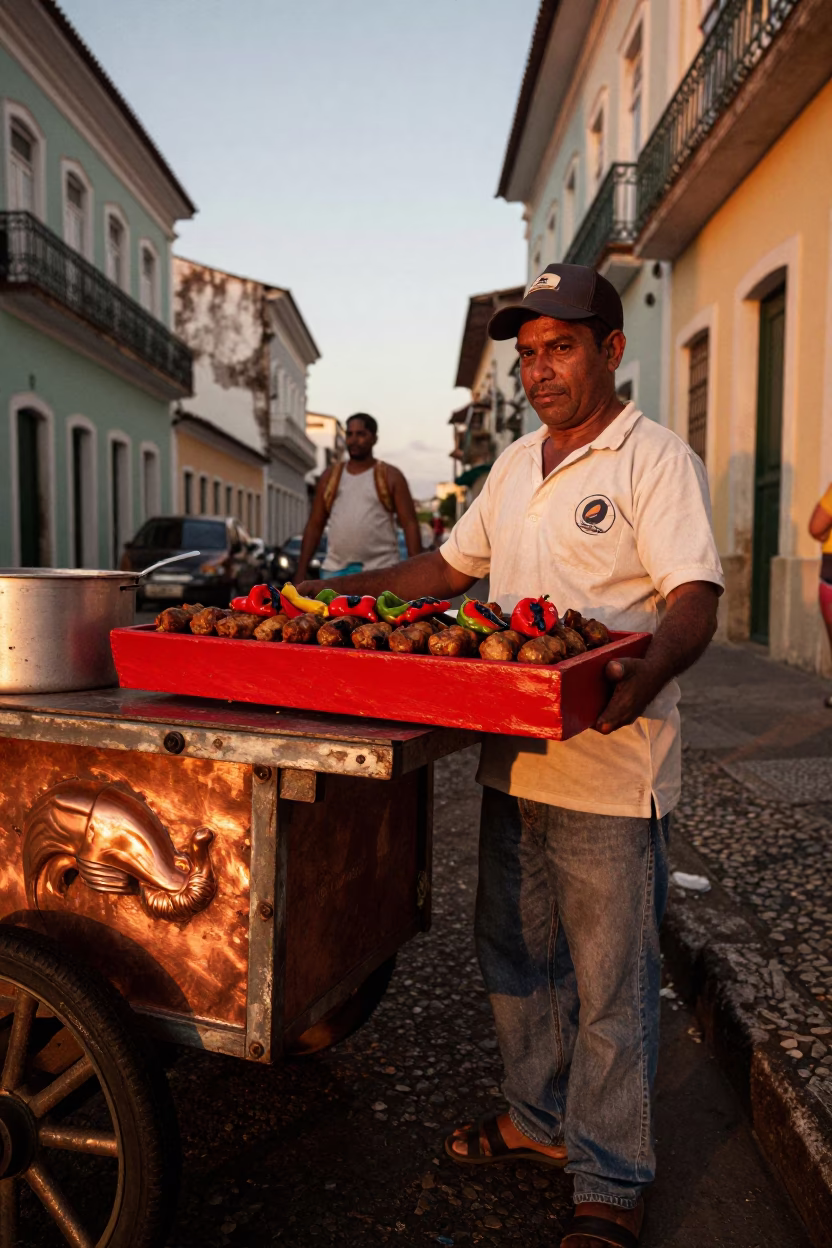 Street Vendor in Salvador Brazil with Red Lacquered Wood Serving Tray Before Dusk in in Salvador, Brazil