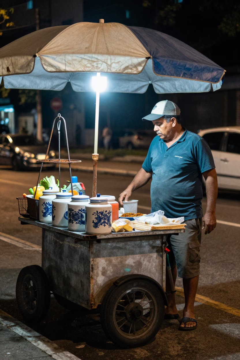 Street Vendor in São Paulo at Late At Night Light in in São Paulo, Brazil