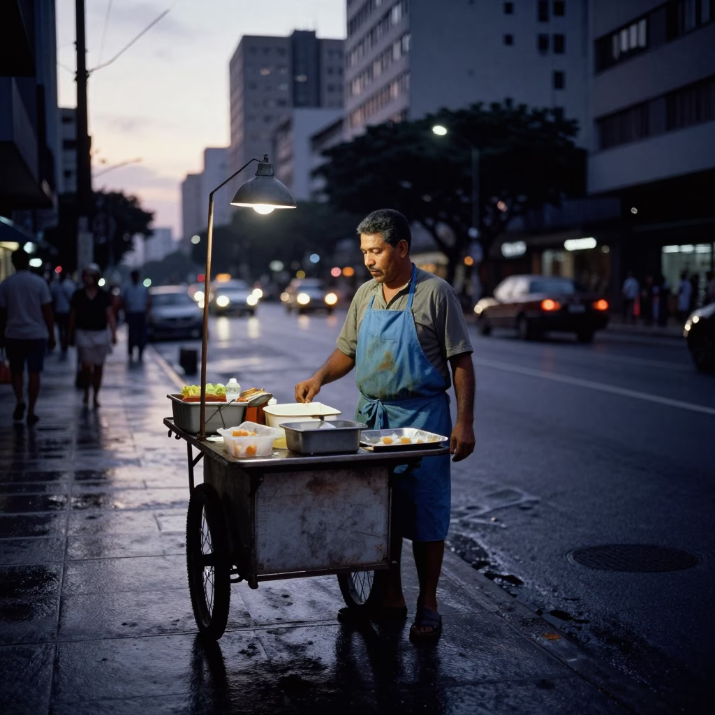 Street Vendor in São Paulo at The Predawn Darkness Light in in São Paulo, Brazil