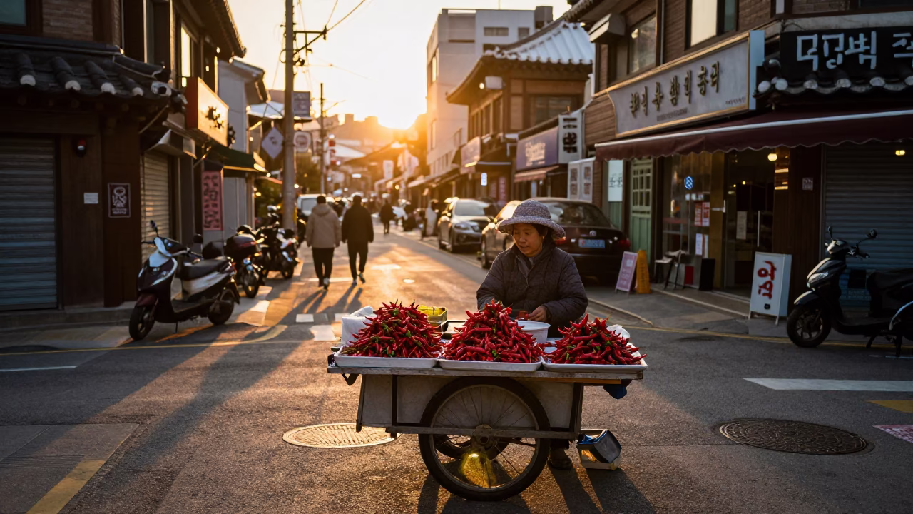 Street Vendor in Seoul at Sunset Light in in Seoul, South Korea