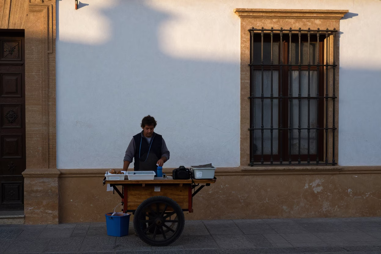 Street Vendor in Seville at The Early Morning Light in in Seville, Spain
