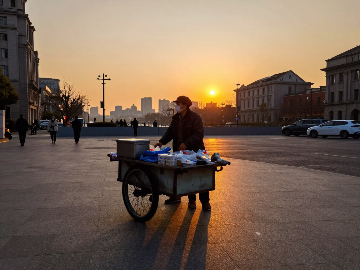 Street Vendor in Shanghai at As The Sun Drops Toward The Horizon in in Shanghai, China