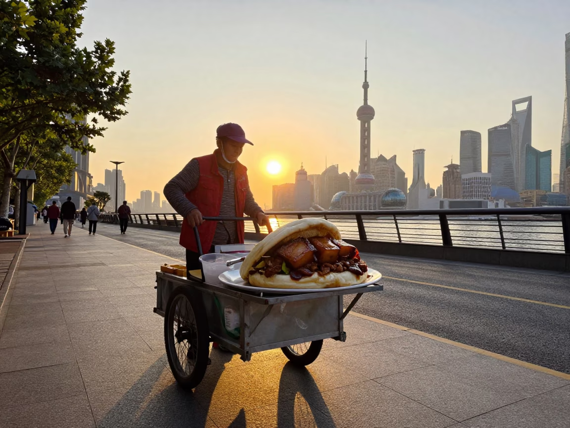 Street Vendor in Shanghai at Sunset Light in in Shanghai, China