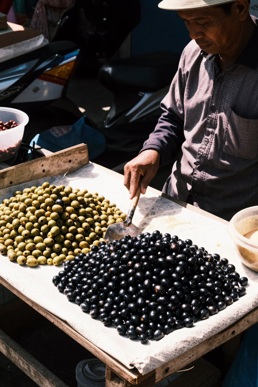 Street Vendor in Surabaya Indonesia Midday Selling Olives and Trowel Nearby in in Surabaya, Indonesia