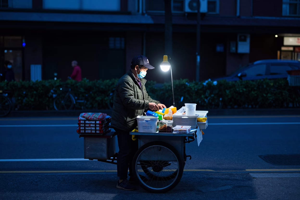 Street Vendor in Taipei at The Predawn Darkness Light in in Taipei, Taiwan